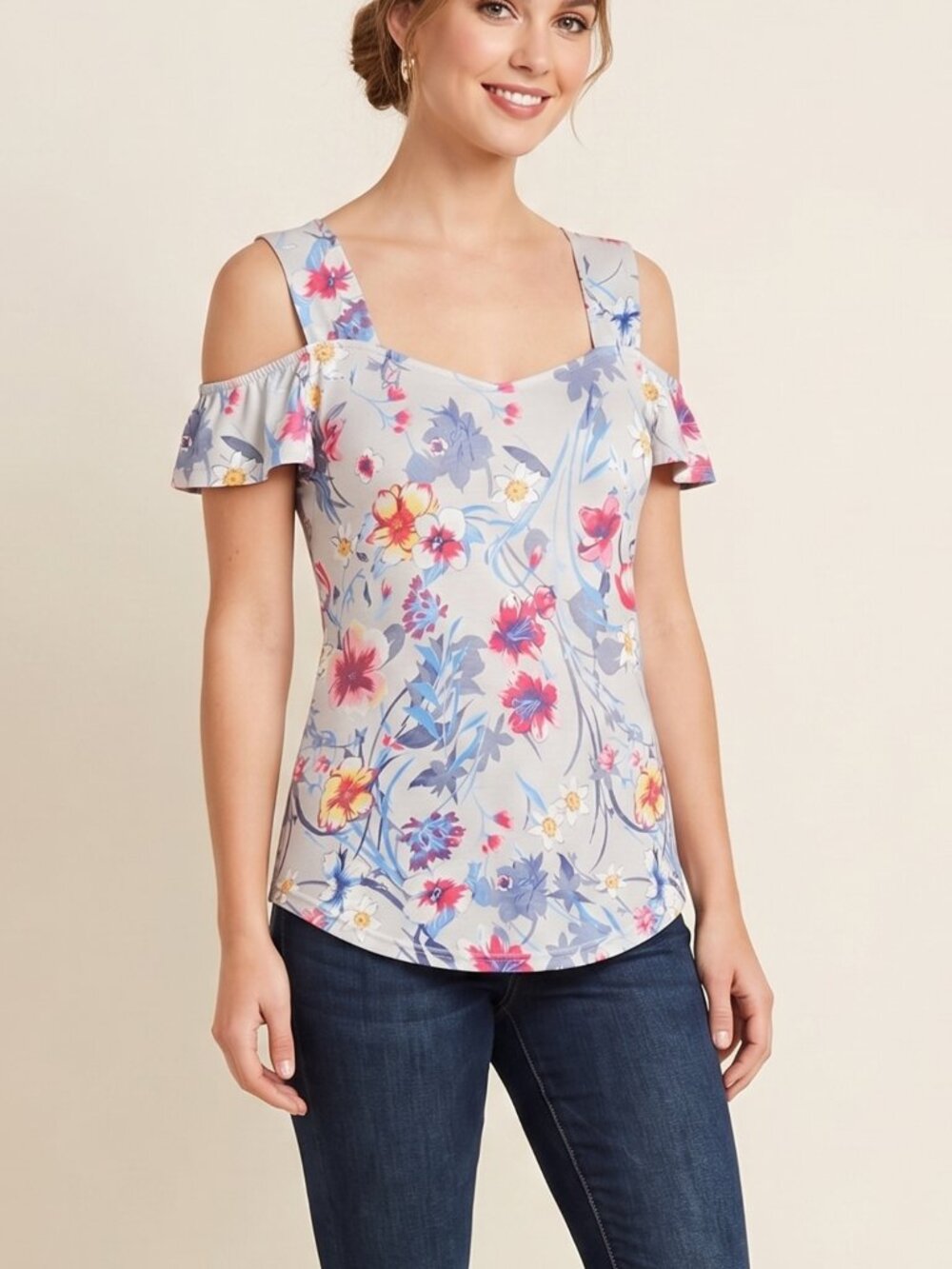 NWT | Blingfit Vibrant Multi-Color Floral Cold Shoulder V-Neck Top | Large